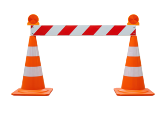Two orange pvc traffic cones with a striped warning pole creating a barrier on a transparent background with copy space. Concept of construction safety and restriction