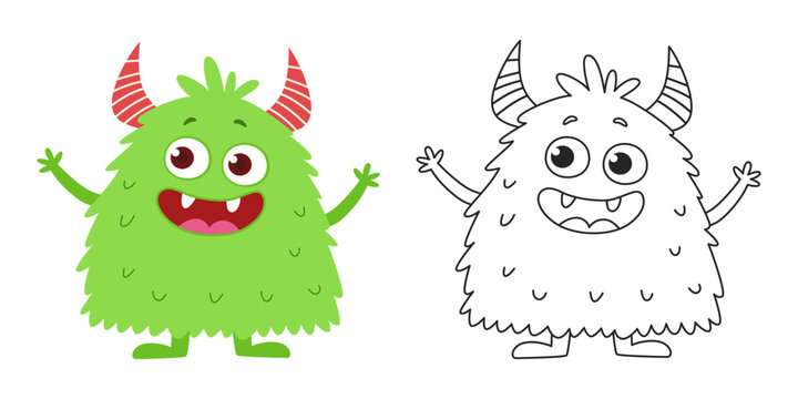 Cute Green Cartoon Monster with Outline. Funny Hairy Fantasy Character for Kids. Coloring Page. Flat Vector Illustration.