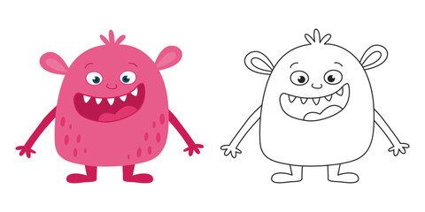Fototapeta premium Cute Pink Cartoon Monster Character Smiling with Color and Outline Versions. Funny Fantasy Creature for Kids. Vector Illustration Isolated on White Background.