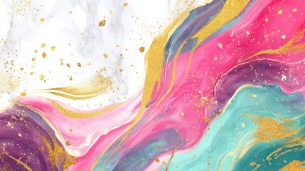 Colorful abstract swirl with gold accents and vivid pink and turquoise tones.