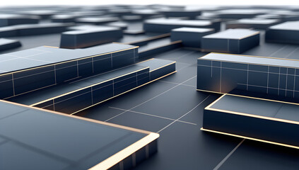 Modern 3D rendering of sleek metallic blocks with gold accents