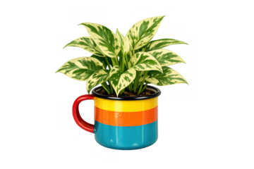 Pothos plant thriving in a cheerful striped cup, adding natural beauty and a pop of color to any interior setting