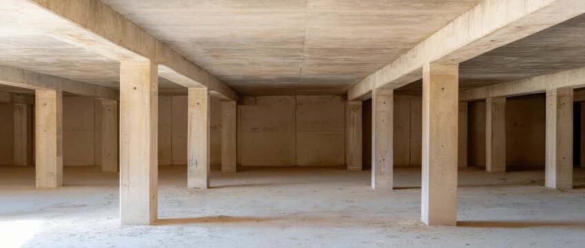 Empty unfinished concrete basement interior with support columns and rough floor texture