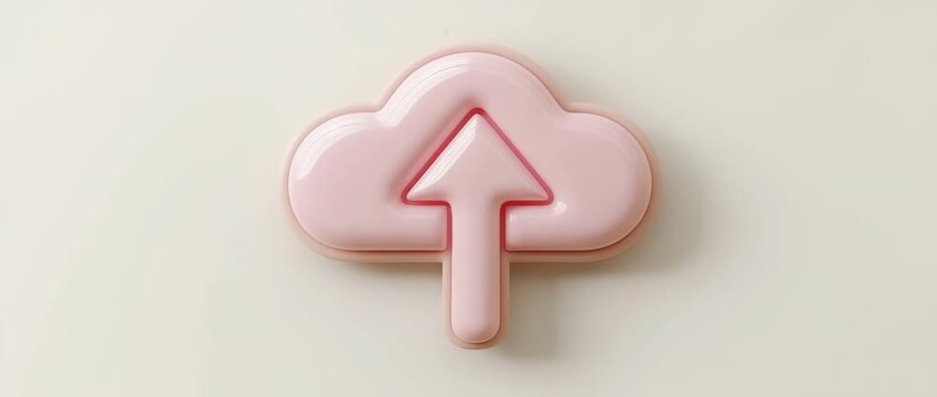 Glossy pink cloud icon with an upward pointing arrow symbolizing data upload service