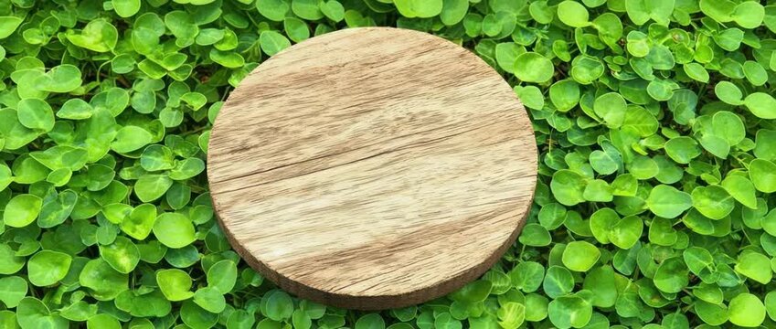 Round wooden cutting board resting on a vibrant background of small lush green leaves