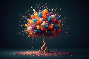 A vibrant tree explodes with colorful flowers and petals in a dark studio environment.