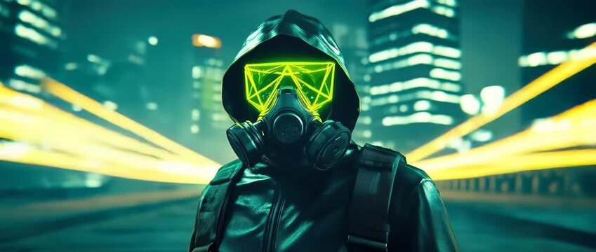 Figure wearing a gas mask with glowing neon green visor against a blurred city nightscape