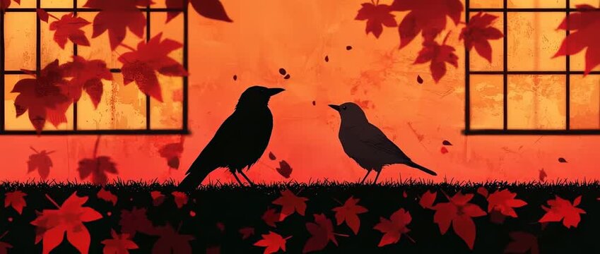 Silhouettes of two birds standing among red autumn leaves against a vibrant sunset