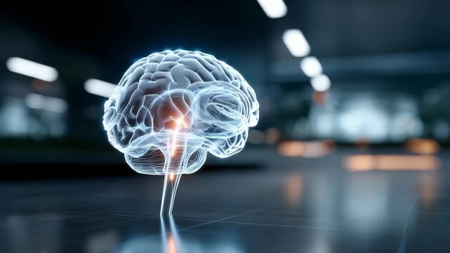 Futuristic digital brain hologram floating in a modern high tech environment, symbolizing artificial intelligence and advanced neural networks. Innovative technology concept for AI evolution