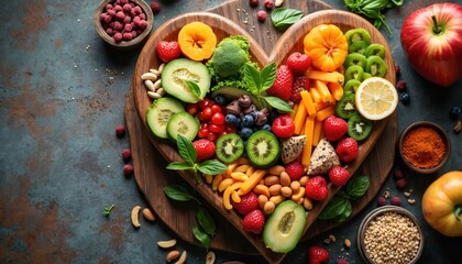 Wooden heart-shaped platter filled with colorful fresh fruit, veg, nuts, berries. Strawberries, blueberries, kiwi, cucumber, almonds, basil leaves artfully arranged. Healthy lifestyle, clean eating,