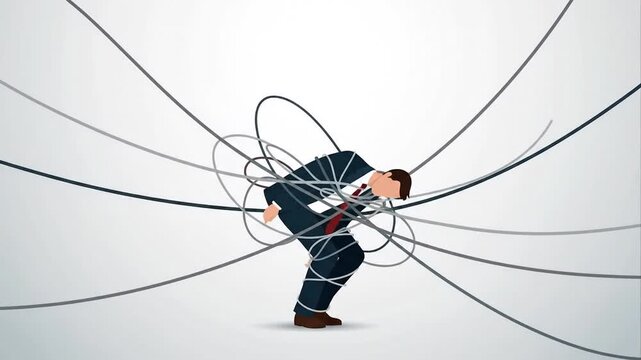 Businessman entangled by abstract lines