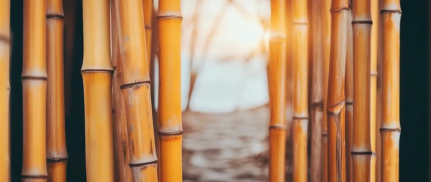 Close up view of vertical golden orange bamboo stalks creating a natural textured pattern