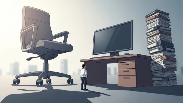 Cartoon depiction of an office worker overwhelmed by workload