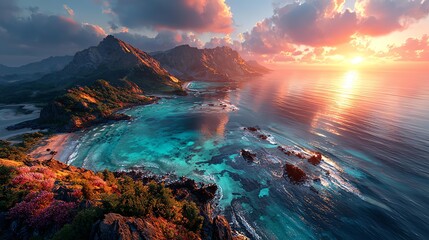 Naklejka premium Breathtaking coastal landscape at sunset with vibrant colors.