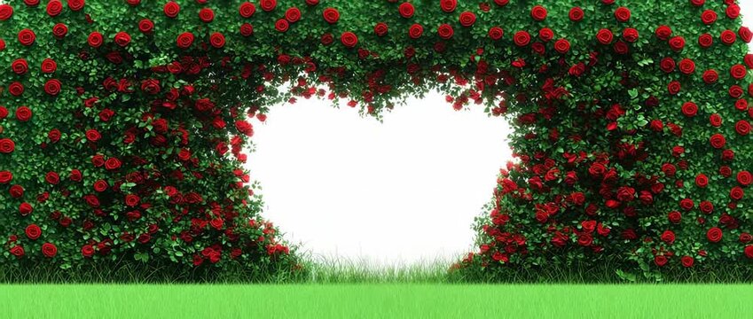 Archway of vibrant red roses and green foliage framing a central empty space above grass