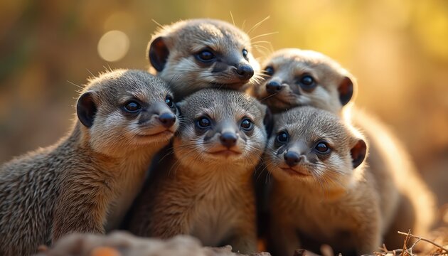 Family of small banded mongooses huddle together in warm golden light. Cute furry wild animals explore natural habitat. Young mammals watch curiously in savanna. Wildlife baby animals bond.