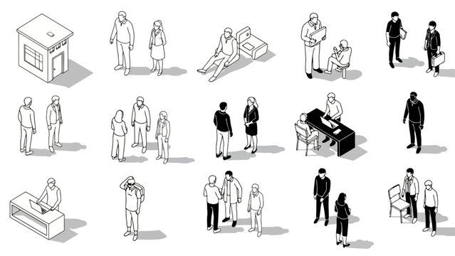 Isometric illustration of various people in different social and professional settings, including a small building.