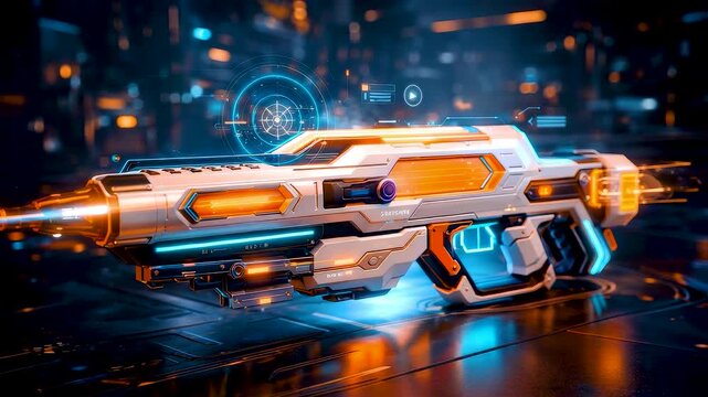 High Tech Energy Rifle with Glowing Neon Details in Advanced Digital Environment Showcasing Precision Design Power and Gaming Aesthetics