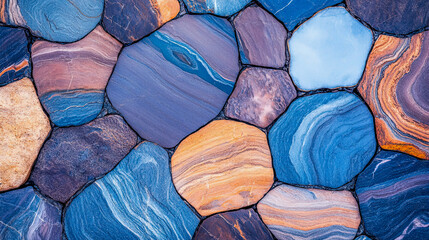 Abstract mosaic of polished, richly colored, naturally veined stones featuring swirling patterns of blue, purple, orange, and beige, creating captivating, textured background design
