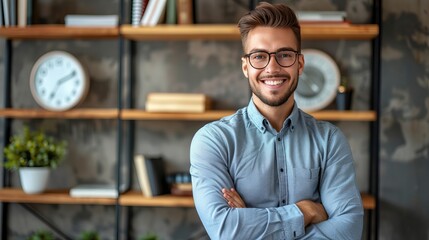 Fototapeta premium Confident smiling male executive leader in glasses with arms crossed in modern office setting