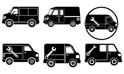 Fototapeta premium Black and white service van with tools on white background black van tool wrench