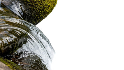Mossy rocks and flowing water, close-up, white background