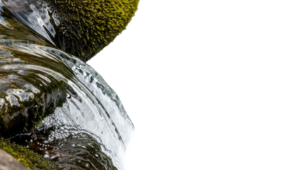 Mossy rocks and flowing water, close-up, white background