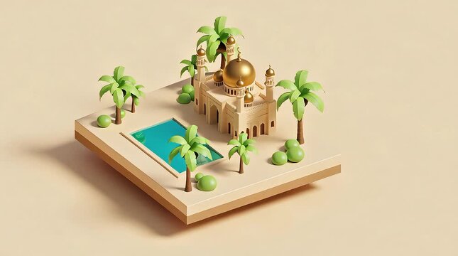Cinematic 4K Footage of a Miniature Mosque Oasis With Palm Trees and Pool, Isometric View