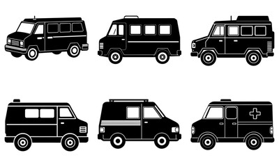 Six Black and White Van Silhouettes on White Background 1