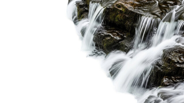Cascading waterfall over dark rocks with white background - Powered by Adobe