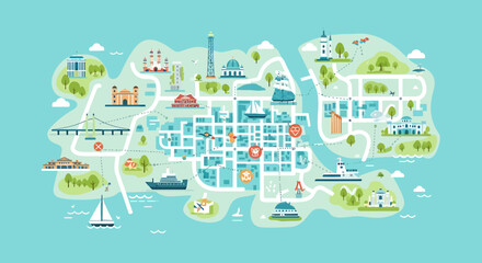Obraz premium Illustrated City Map with Landmarks and Transportation.