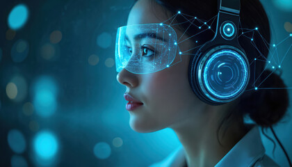 Profile of a woman with a digital headset and glowing eyewear. Illustration showing the fusion of tech and human. AI, metaverse, communication concept is expressed.
