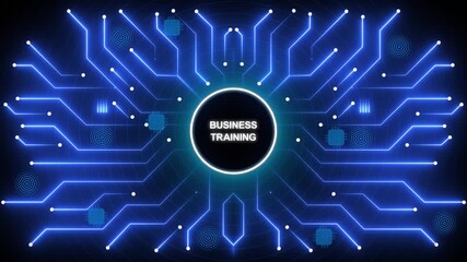 Business training concept with glowing blue circuit board background