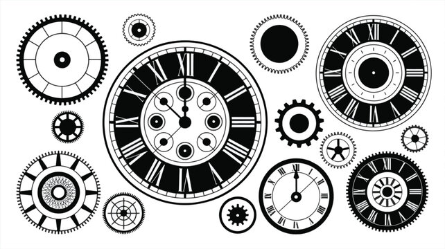 An arrangement of vintage clocks and gears in a black and white illustration
