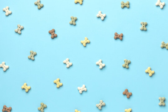 Scattered colorful bone shaped dog treats in pastel shades on a light blue background. Top view.