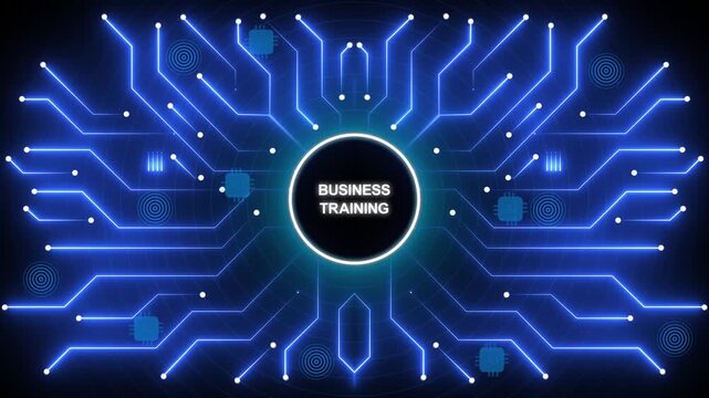 Business training concept with glowing blue circuit board background