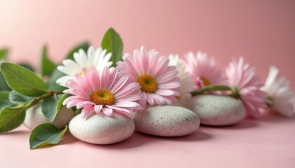 Calm spa still life concept. Pink and white daisies arrangement with zen stones and green leaves on a pastel pink surface. Represents wellness lifestyle and mindfulness practice like meditation.