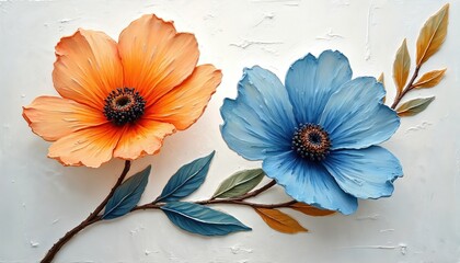 Oil painting shows vibrant flowers with textured brushstrokes. Orange, blue blooms, leaves, stems against white backdrop. Floral art embodies natural beauty. Gentle, organic design suits greetings