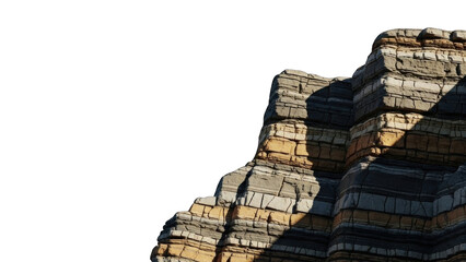 Layered rock formation with shadows and white background