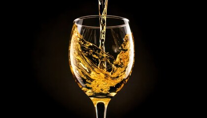 Pouring White Wine into Glass on Black Background.