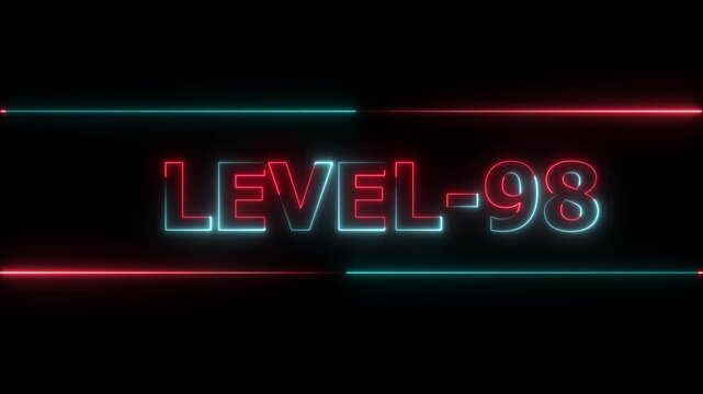 Glowing level-98 text with glitch effects animation. Two color letters spelling out level-98 appear on screen. Neon level up sign and upper Level . next Level text animation.
