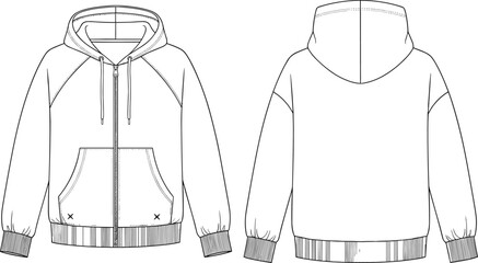 Zip up hoodie jacket front and back technical flat, vector fashion CAD drawing for apparel design, sweatshirt template mockup © Farzana