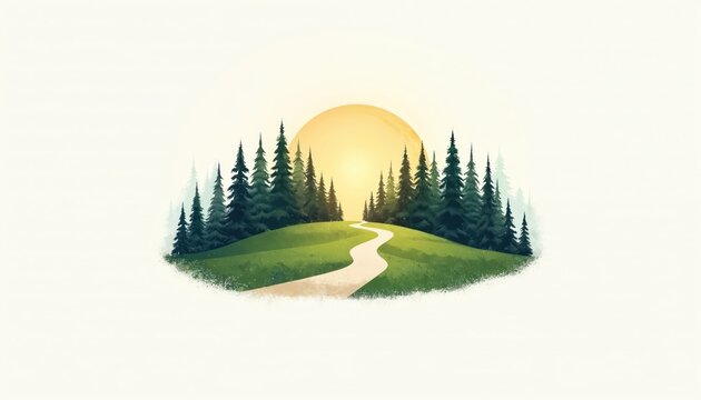 Illustration of winding path through green hill with trees. The sun sets behind the trees creating a peaceful nature scene. Perfect for logo design or banner.