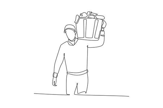 Farmer carrying basket with freshly bell peppers. Farmer activity concept. Single line draw design. Vector graphic illustration