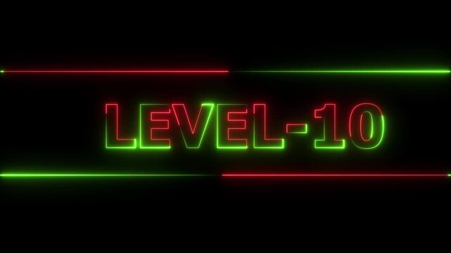 Glowing level-10 text with glitch effects animation. Two color letters spelling out level-10 appear on screen. Neon level up sign and upper Level . next Level text animation.