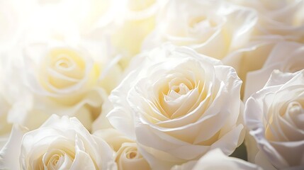 Whispering White: A close-up captures a collection of delicate, pristine roses, their luminous petals creating a serene and pure ambiance. 