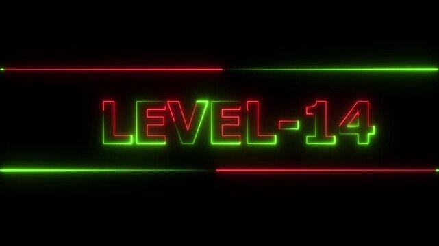Glowing level-14 text with glitch effects animation. Two color letters spelling out level-14 appear on screen. Neon level up sign and upper Level . next Level text animation.