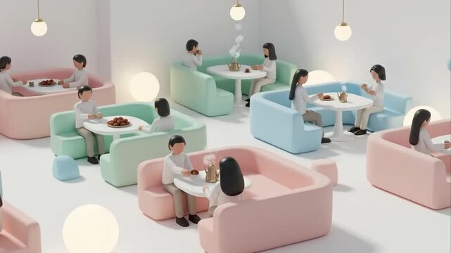 Stylized interior scene with miniature figures at tables
