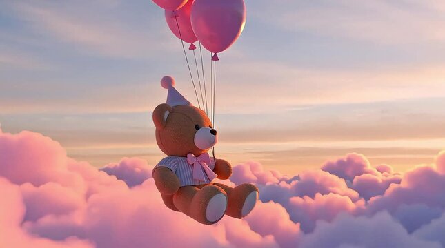 Cute teddy bear wearing party hat floats on pink balloons through soft pastel clouds at sunrise, cinematic aerial.