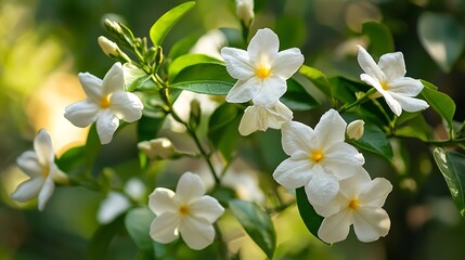 Obraz premium Fragrant Blooms of Gardenia: Delicate white gardenia blossoms with vibrant yellow centers unfold, showcasing the elegance of nature's beauty and the purity of these flowers.